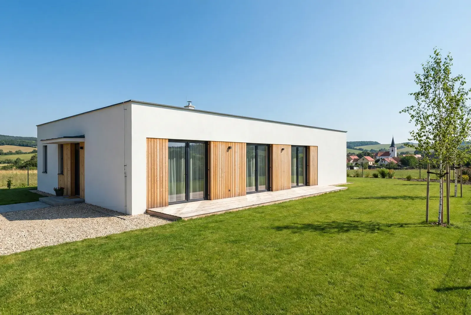 Moderní rodinný dům s plochou střechou v jihomoravské krajině